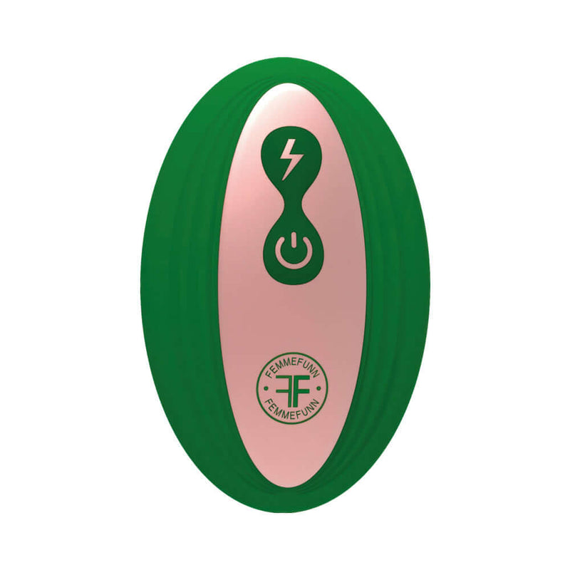 FemmeFunn Bougie Anal Plug Rose Gold shown in green with control buttons for luxury anal play.