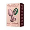 FemmeFunn Bougie Anal Plug Rose Gold packaging design, featuring anodized aluminum and sleek aesthetics.