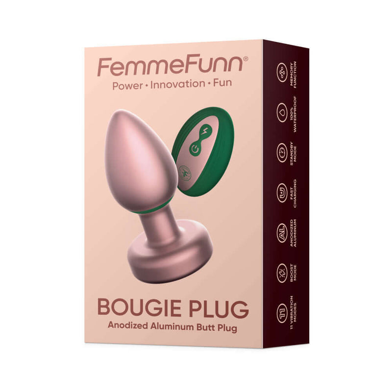 FemmeFunn Bougie Anal Plug Rose Gold packaging design, featuring anodized aluminum and sleek aesthetics.