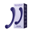 FemmeFunn Aluna Dual Stimulating Arc Vibrator Purple with packaging, showcasing its elegant curved design.