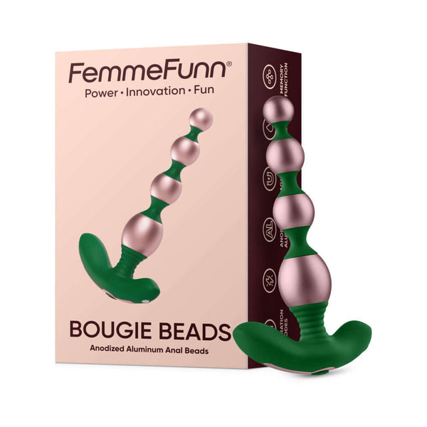 FemmeFunn Bougie Beads Rose Gold packaging with anodized aluminum anal beads in a vibrant design.