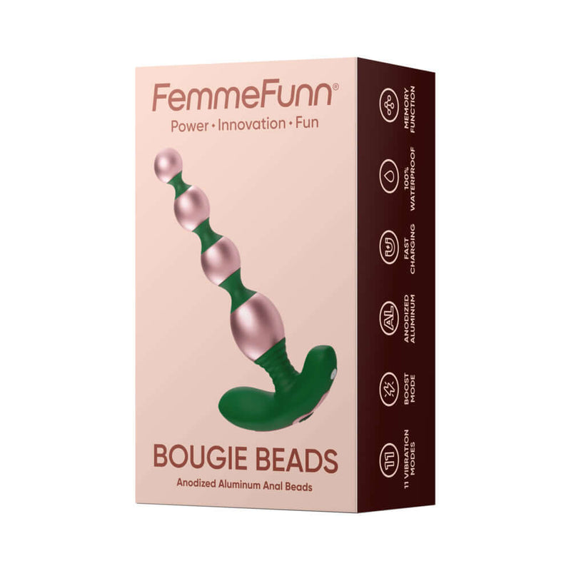 FemmeFunn Bougie Beads Rose Gold packaging with anodized aluminum anal beads in elegant design.