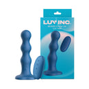 Luv Inc BS38 Beaded Strap-On Luv Vibe Blue with remote control, featuring textured shaft and heart-shaped base.