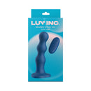 Luv Inc BS38 Beaded Strap-On Luv Vibe Blue package featuring a textured silicone vibe and control remote.