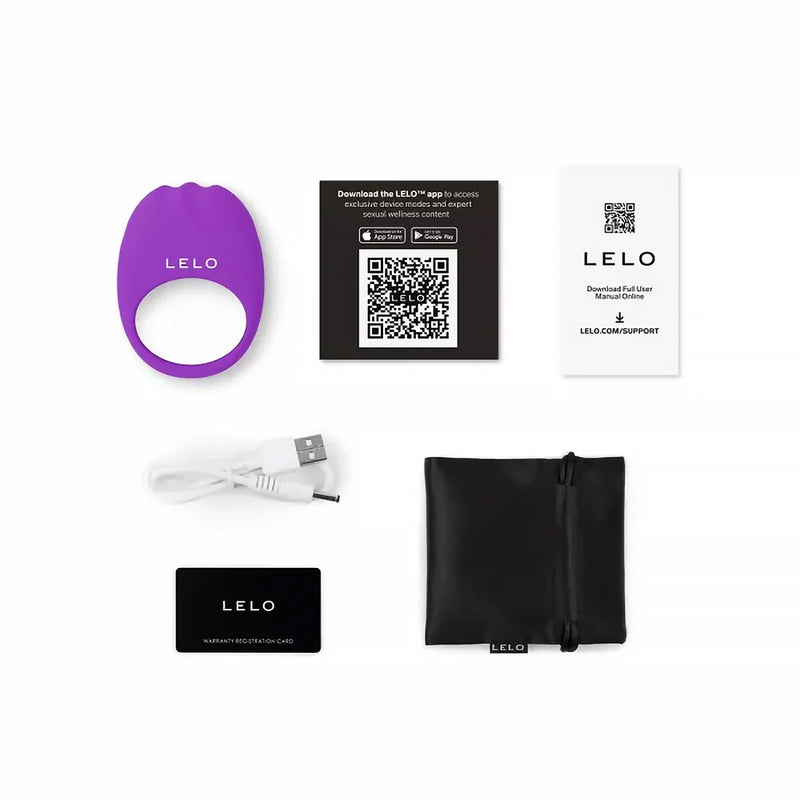LELO LIFEGUARD Originals Vibrating Couples Ring with accessories including USB cable and user guide.
