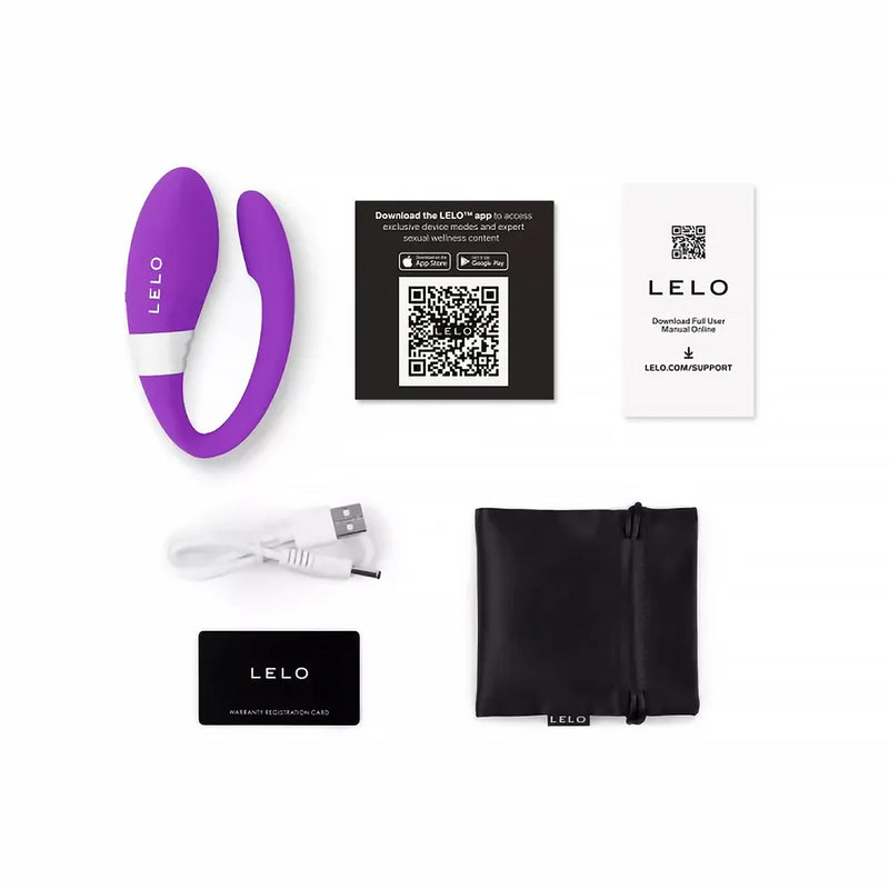 LELO MAHANA Originals Couples Massager with accessories including a charging cable and user guide.