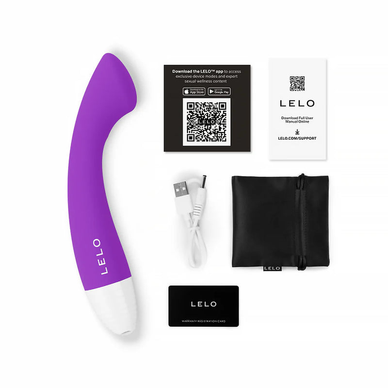 LELO MOKA Originals G-spot Vibrator with accessories including charger, user guide, and storage pouch.