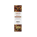 Exsens Body Oil Tiger Eye Macadamia 3.4 Oz packaging featuring organic ingredients and crystal infusion.