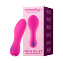 FemmeFunn Solia Flat Tip Bullet Vibrator Pink next to its packaging, showcasing the sleek design.