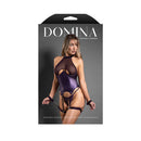 Fantasy Lingerie Domina Bustier and Crotchless Panty Purple displayed on model, featuring sheer mesh and leatherette design.