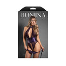 Fantasy Lingerie Domina Open Halter Teddy Deep Purple featuring a model wearing the seductive one-piece.
