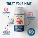 Dr Tuggs Gentleman's Masturbation Lotion 3.4 Oz packaging with aloe vera, avocado oil, and vitamin E benefits highlighted.