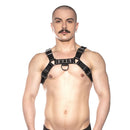 Prowler Red Bull Leather Harness Black Large worn by a model, showcasing its bold masculine style and D-ring details.