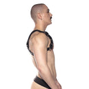 Model wearing Prowler Red Bull Leather Harness Black Medium from the side, showcasing its quality leather and adjustable straps.