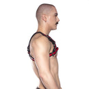 Prowler Red Bull Leather Harness Black Red Small shown on model from side angle, showcasing bold design and structured style.