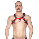 Prowler Red Bull Leather Harness Black and Red XL worn by a model showcasing its bold design and quality leather.