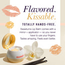 Sweetums Flavored Lip Balm Honey compact with mirror and orchid, showcasing hands-free application.
