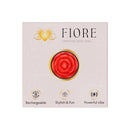 The Pleasure Company Fiore Rose Ring Vibrator Red box featuring a rose design and keywords like Rechargeable and Stylish & Fun.
