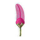 The Pleasure Company Cleo Vibrating Tickler Pink with silky feathers and gold handle for sensual play.