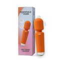 Vush Essentials Mini Wand Vibrator in orange packaging featuring vibration modes and body-safe silicone.