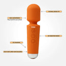 Vush Essentials Mini Wand Vibrator in orange with flexible tip, 20 vibration modes, and body-safe silicone.