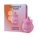 Vush Essentials Flicking Vibrator in pink packaging showcasing its 12 vibration modes and silicone tip design.