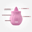 Vush Essentials Flicking Vibrator showing flickering tip, waterproof design, body-safe silicone, and 12 vibration modes.