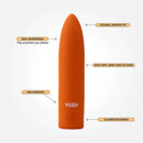 Vush Essentials Bullet Vibrator in orange color, showcasing its waterproof design, silicone material, and USB charging feature.