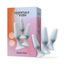 Vush Essentials Silicone Anal Plug Trio Gray three-piece set for comfortable anal exploration with tapered tips.