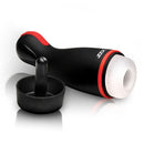 JOCK Blaze Vibrating Sucking & Warming Masturbator with textured sleeve and charging base.