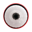 Top view of the JOCK Blaze Vibrating Sucking & Warming Masturbator showing the textured interior and red exterior.