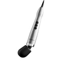 Doxy Die Cast Max Plug-in Wand Massager Silver with sleek design and control buttons for powerful vibrations.