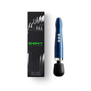 Doxy Die Cast Compact Cordless Wand Vibrator Blue next to its sleek packaging.