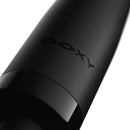 Doxy Die Cast Compact Cordless Wand Massager Black close-up showing sleek design and branding.