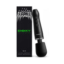 Doxy Go Travel-sized Wand Massager Black with packaging, showcasing its compact design and performance features.