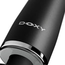 Doxy Go Travel-sized Wand Massager Black close-up showcasing premium design and logo on sleek black surface.