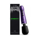 Doxy Go Travel-sized Wand Massager Purple next to its packaging, showcasing its compact design and features.