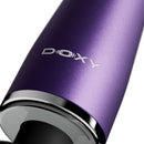 Doxy Go Travel-sized Wand Massager Purple close-up showing sleek design and branding on aluminum surface.