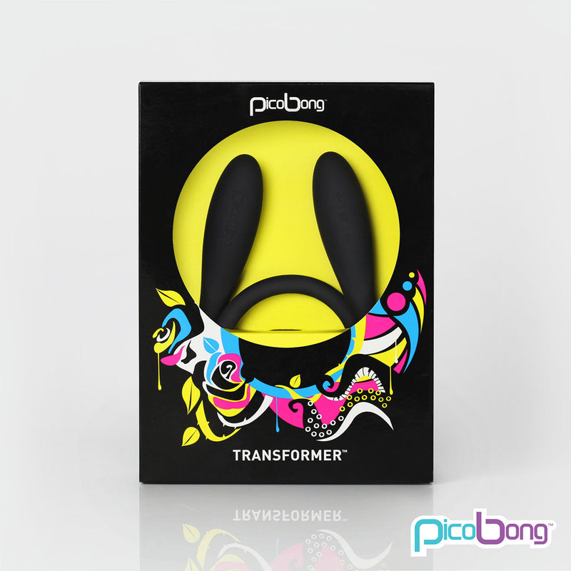 PicoBong Transformer Two Ended Vibrator Black in vibrant packaging with decorative design.