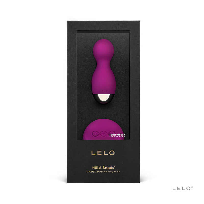 LELO HULA Beads Deep Rose Remote Control Vibrating Beads packaging with vibrant purple design and controls.