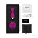 LELO HULA Beads Deep Rose Remote Control Vibrating Beads in elegant packaging with accessories on display.