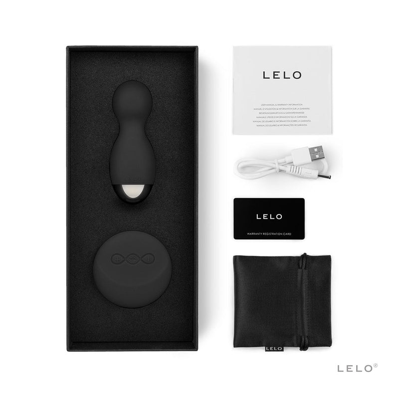 LELO HULA Beads Remote Control Vibrating Beads Black in a sleek gift box with accessories and user manual.