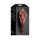 Fantasy Lingerie Our Moment Crotchless Bodystocking Plum in a rich plum color with scalloped lace and fishnet design.