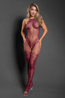 Fantasy Lingerie Our Moment Crotchless Bodystocking Plum in a seductive lace design, showcasing a halter neckline and fishnet weave.