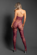 Fantasy Lingerie Our Moment Crotchless Bodystocking Plum showcases a seductive back view in rich plum lace knit and fishnet.