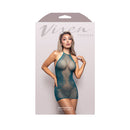 Fantasy Lingerie Vixen Masterpiece Halter Dress Dark Teal displayed on a model, showcasing lace and fishnet design in deep teal.