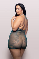 Fantasy Lingerie Vixen Masterpiece Halter Dress Teal Queen model from the back showcasing lace and fishnet design.