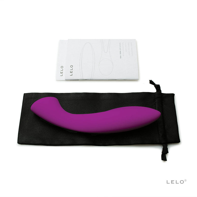 LELO Ella G Spot Massager Deep Rose displayed on a black pouch with instructions, featuring a dual-ended design.