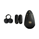 Hot Octopuss Jett Turbo Frenulum Vibrator Black shown with accessories including stretchy sleeve and remote.