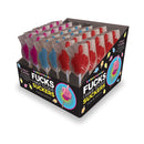 Little Genie Last Fuck Lollipops 30-Piece Display with colorful lollipops in a fun party-themed box.